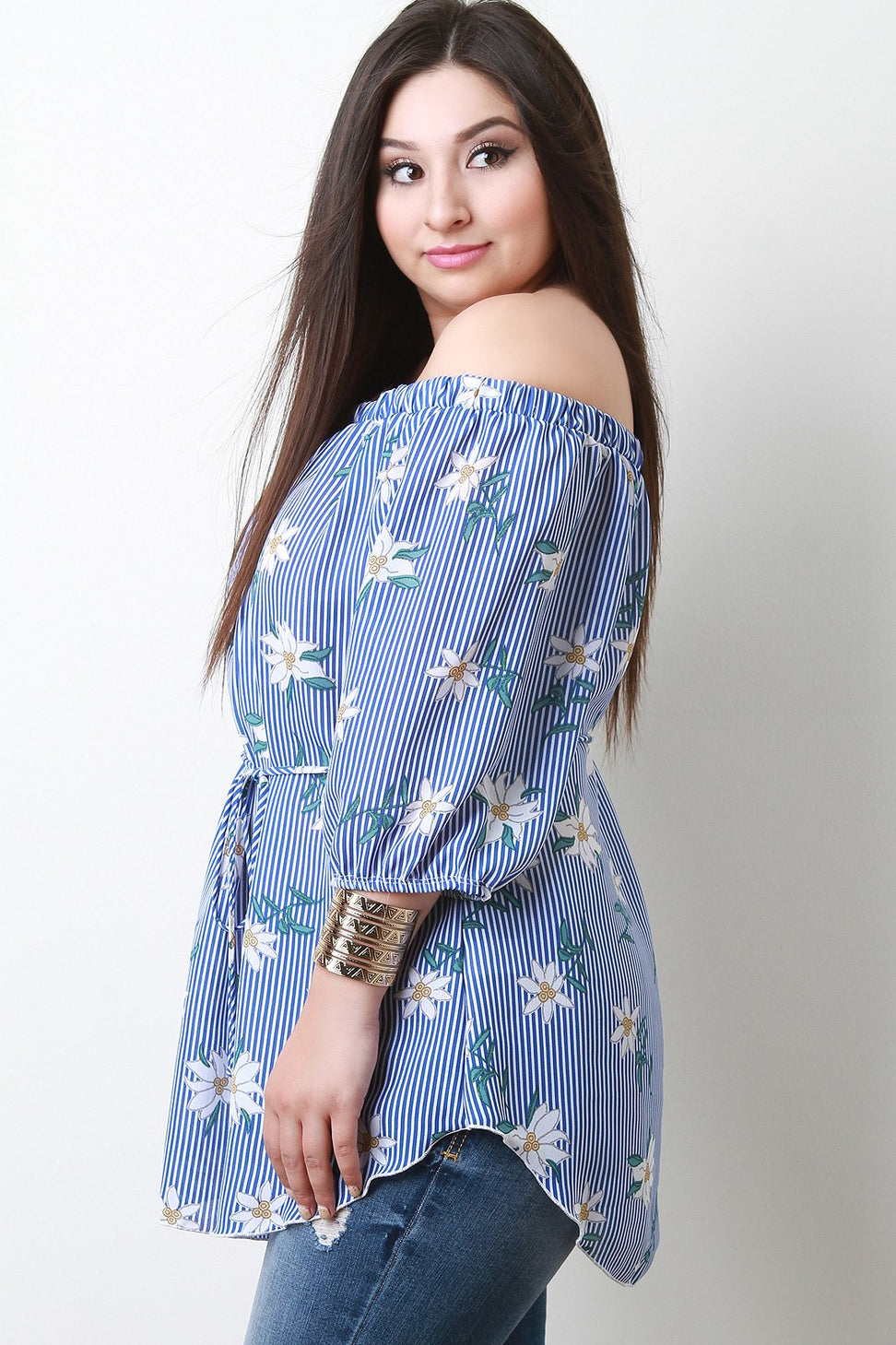 Striped Floral Waist-Tie Off The Shoulder Top