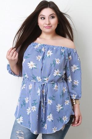 Striped Floral Waist-Tie Off The Shoulder Top