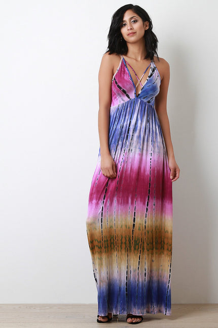 Tie Dye Jersey Knit Crisscross V-Neck Maxi Dress