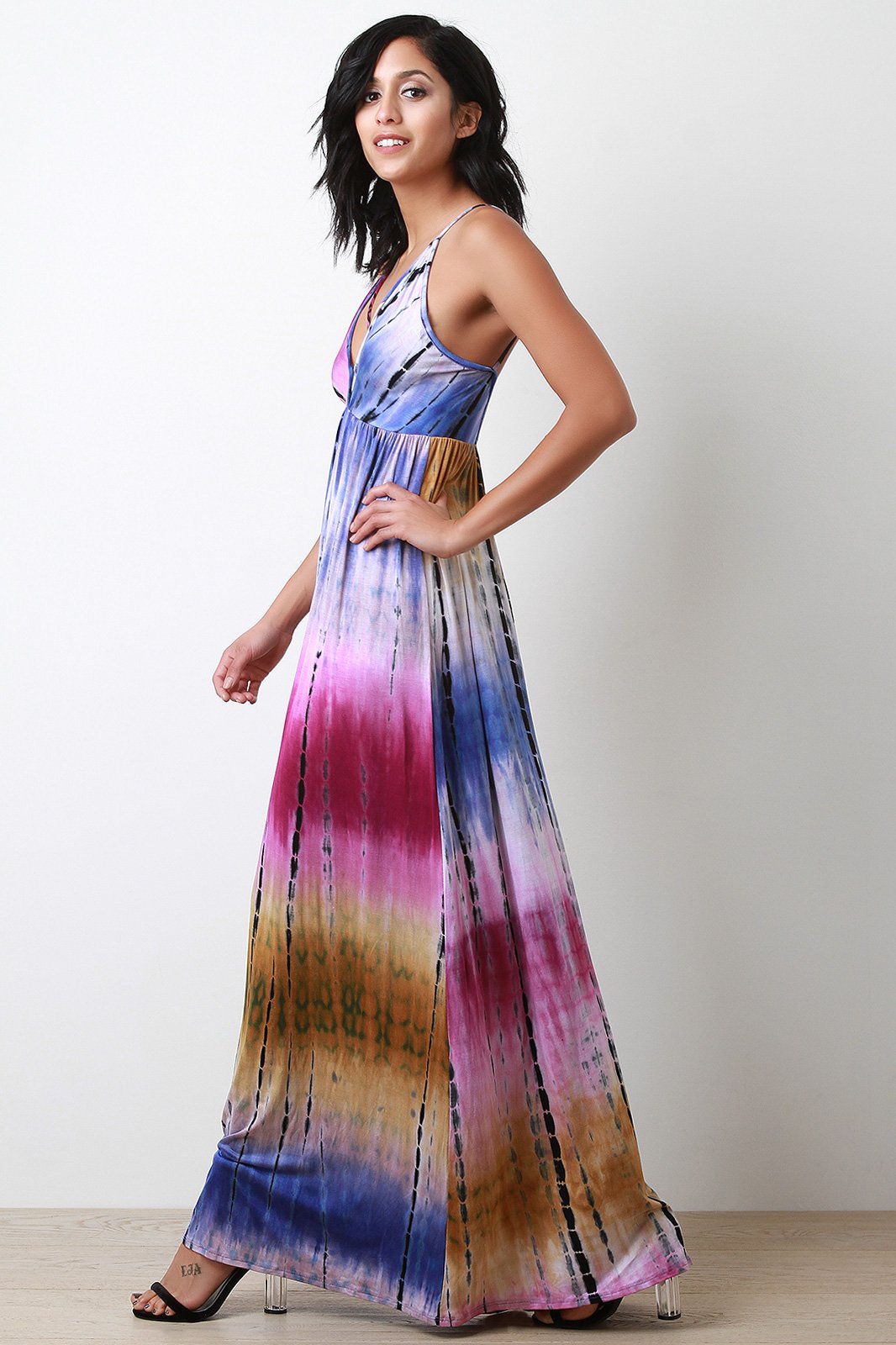 Tie Dye Jersey Knit Crisscross V-Neck Maxi Dress