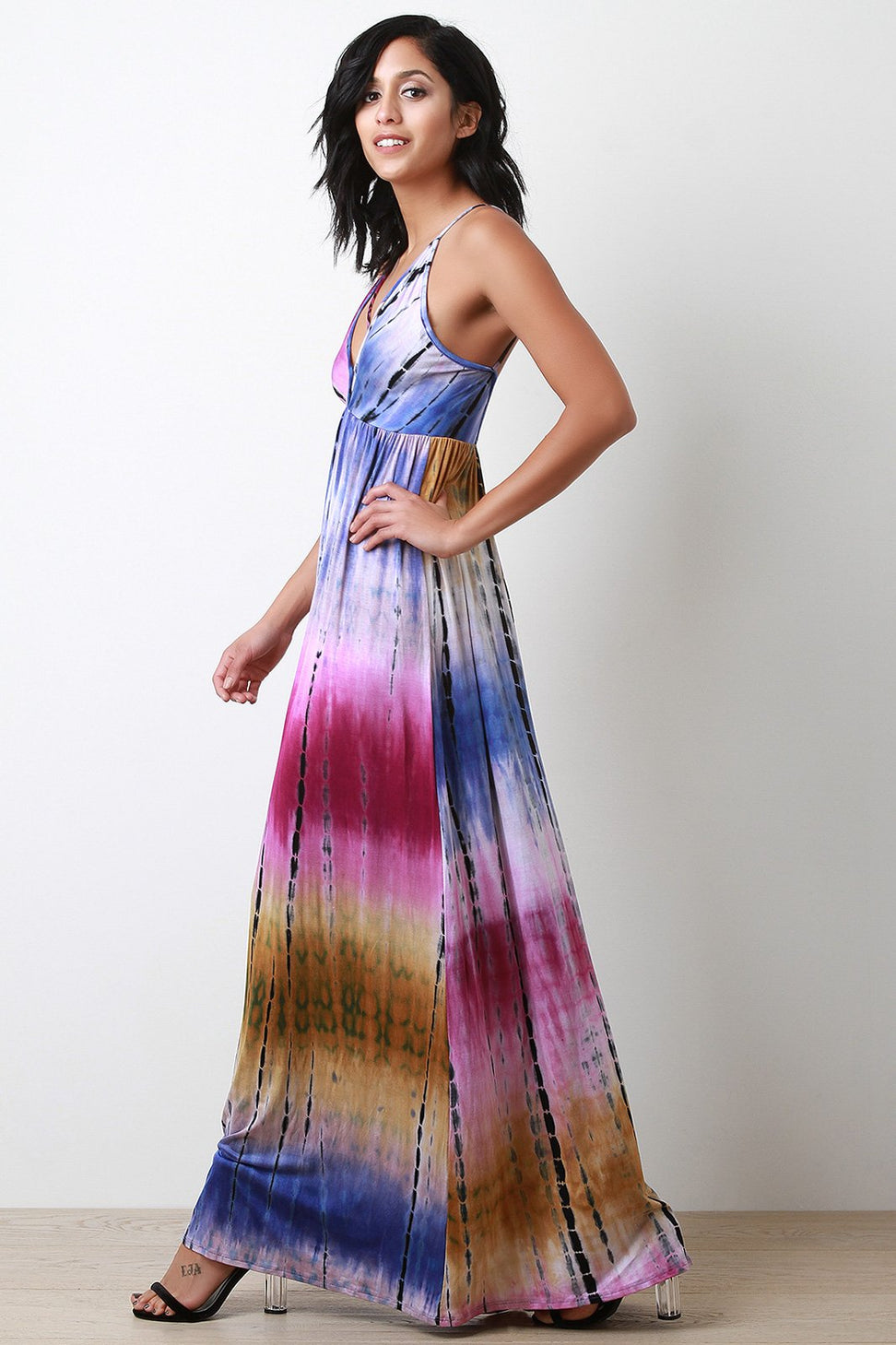 Tie Dye Jersey Knit Crisscross V-Neck Maxi Dress
