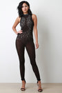 Bedazzled Mesh Mock Neck Fitted Jumpsuit