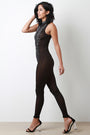 Bedazzled Mesh Mock Neck Fitted Jumpsuit