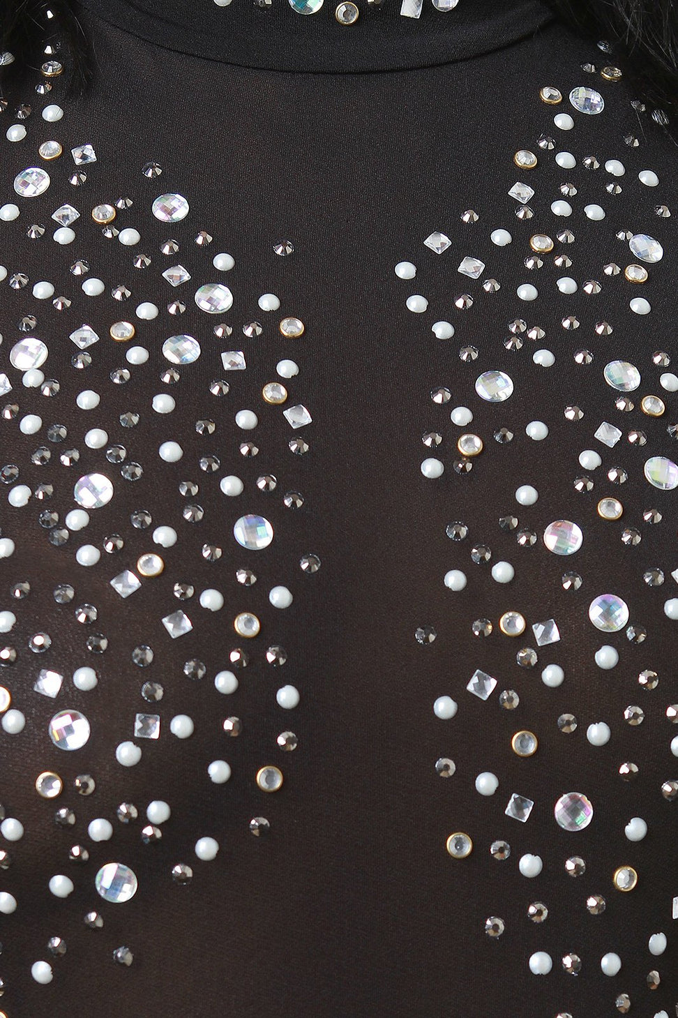 Bedazzled Mesh Mock Neck Fitted Jumpsuit