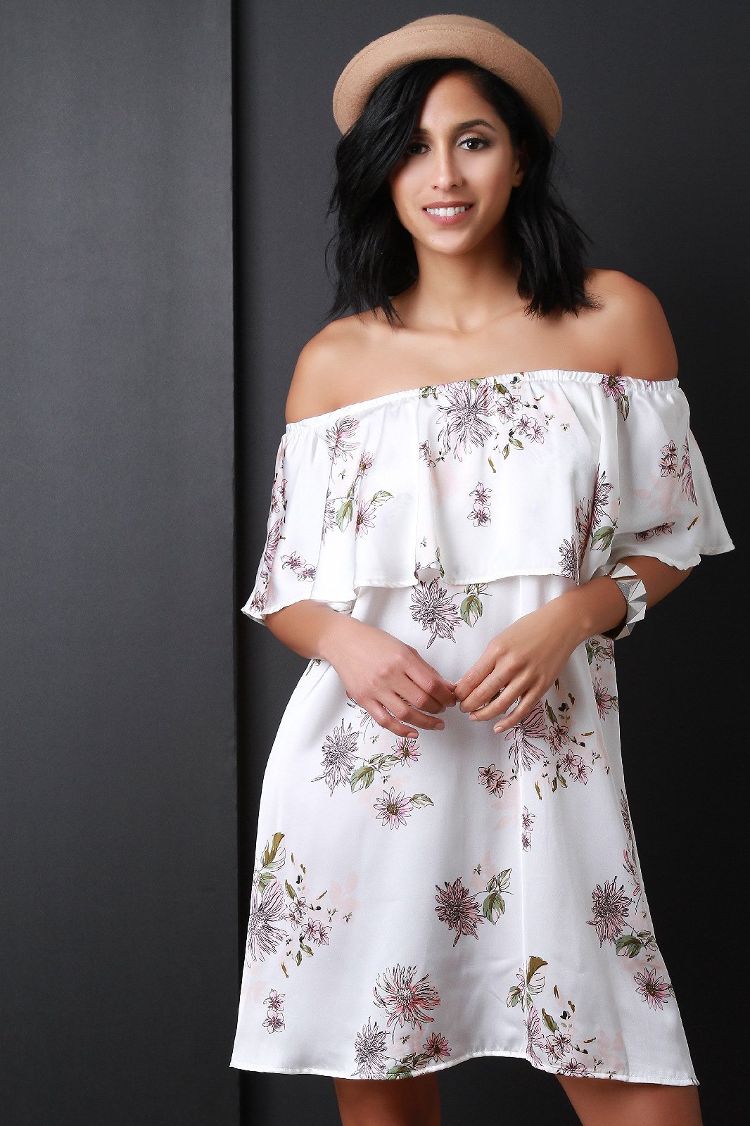 Satin Floral Print Off The Shoulder Shift Dress
