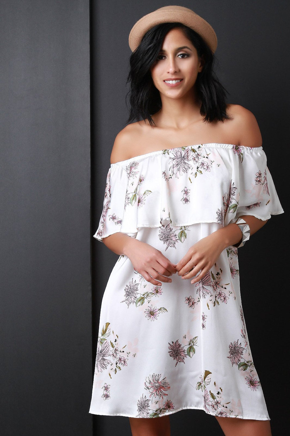 Satin Floral Print Off The Shoulder Shift Dress