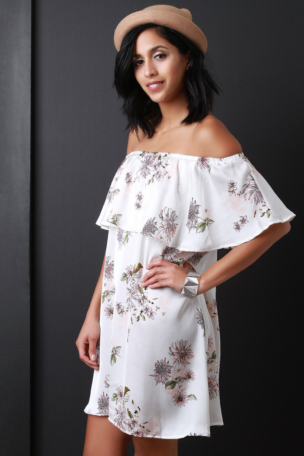 Satin Floral Print Off The Shoulder Shift Dress