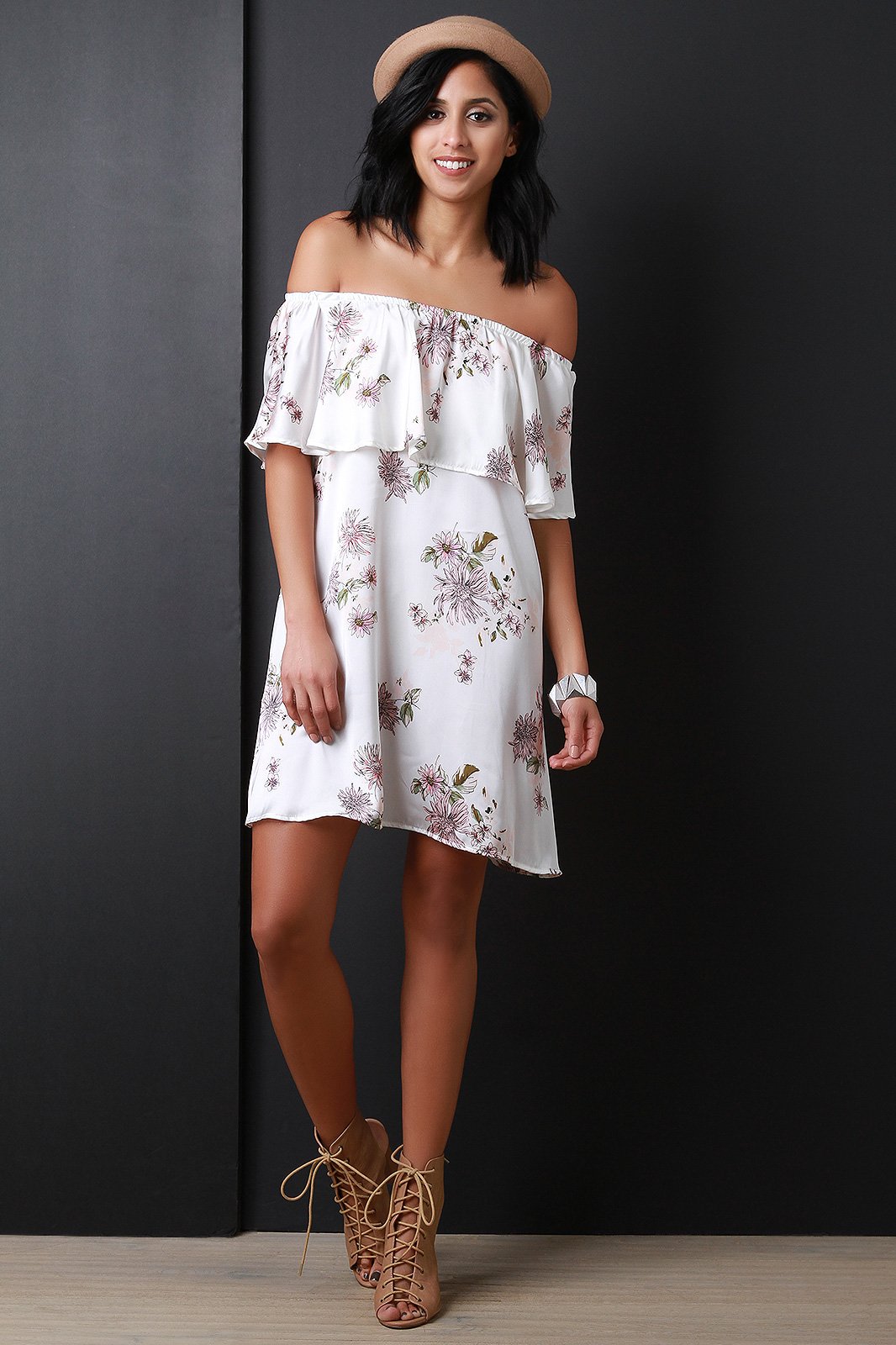 Satin Floral Print Off The Shoulder Shift Dress