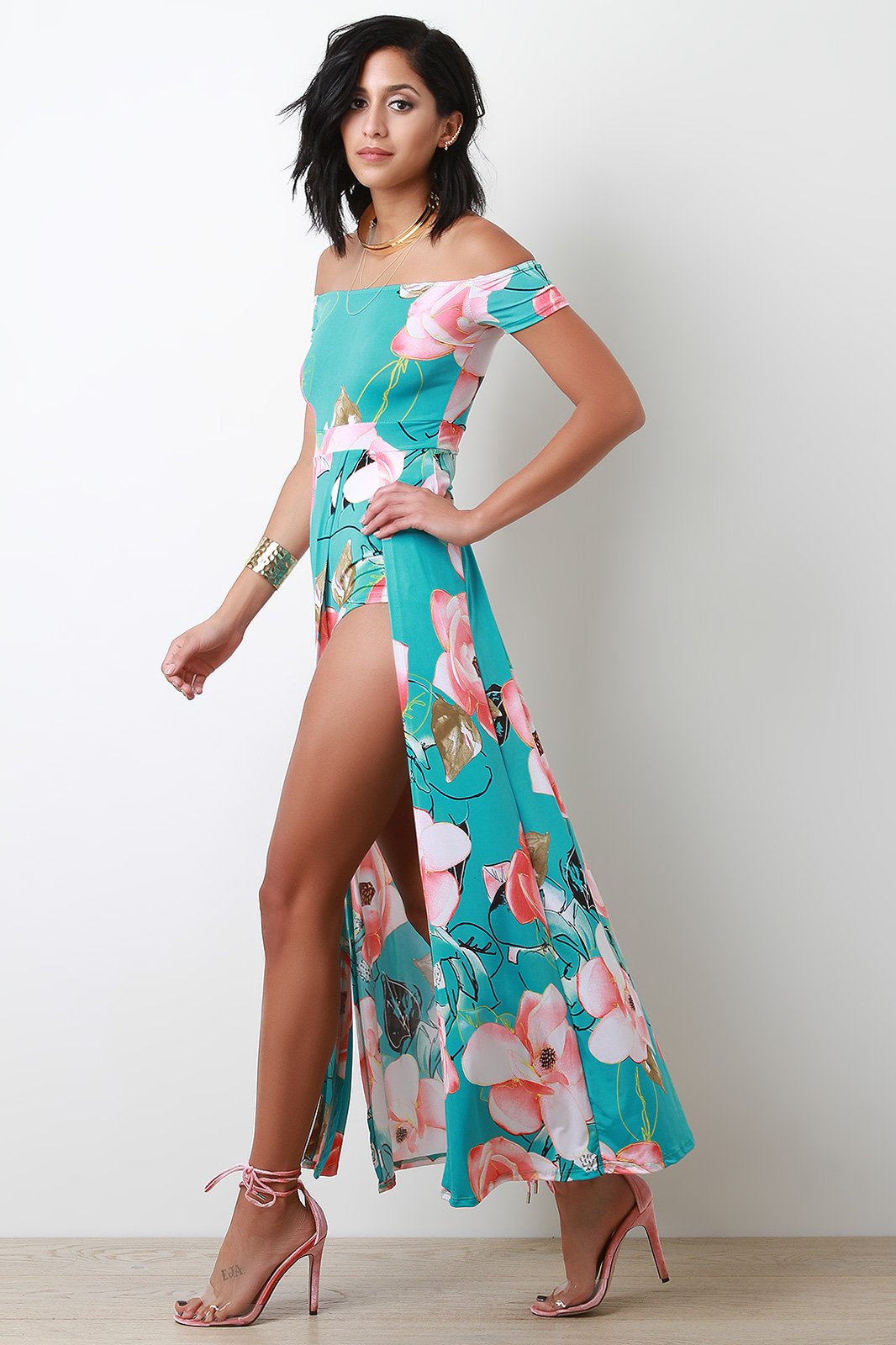 Bardot Floral Double Front Slit Romper Maxi Dress