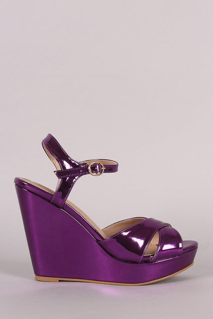 Metallic Patent Cross Band Ankle Strap Wedge