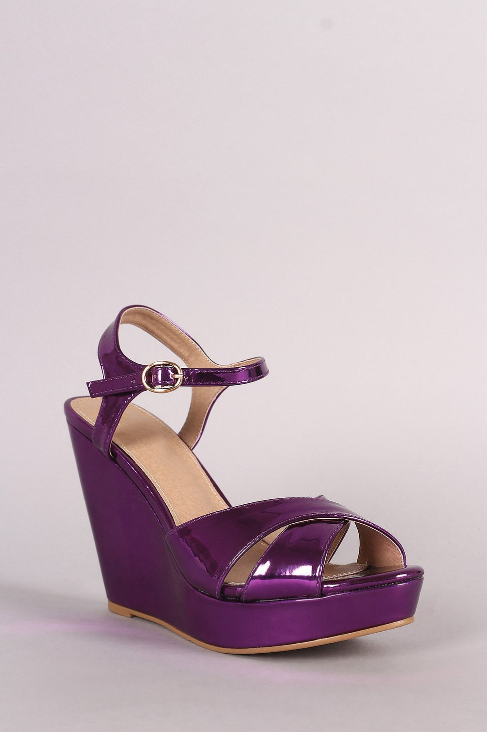 Metallic Patent Cross Band Ankle Strap Wedge