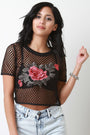 Fishnet Floral Applique Short Sleeve Crop Top - NoveltyOne