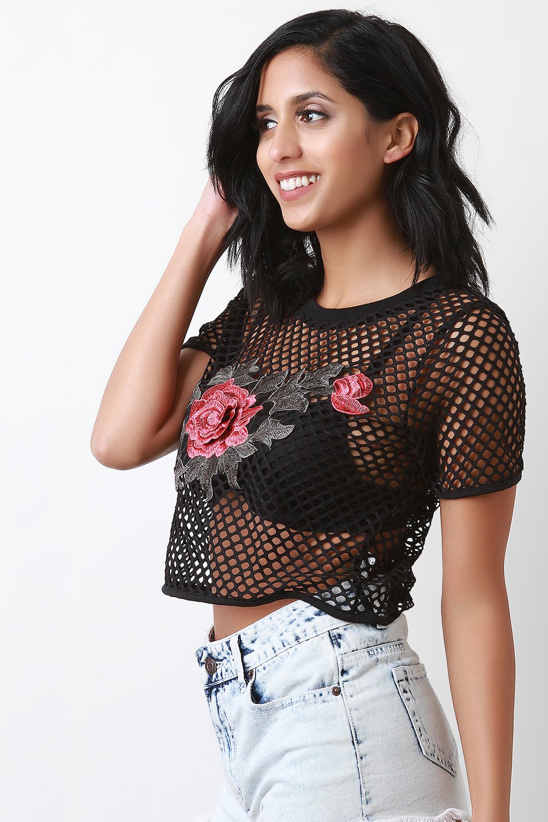 Fishnet Floral Applique Short Sleeve Crop Top - NoveltyOne