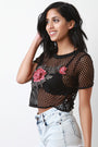 Fishnet Floral Applique Short Sleeve Crop Top - NoveltyOne