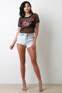 Fishnet Floral Applique Short Sleeve Crop Top - NoveltyOne
