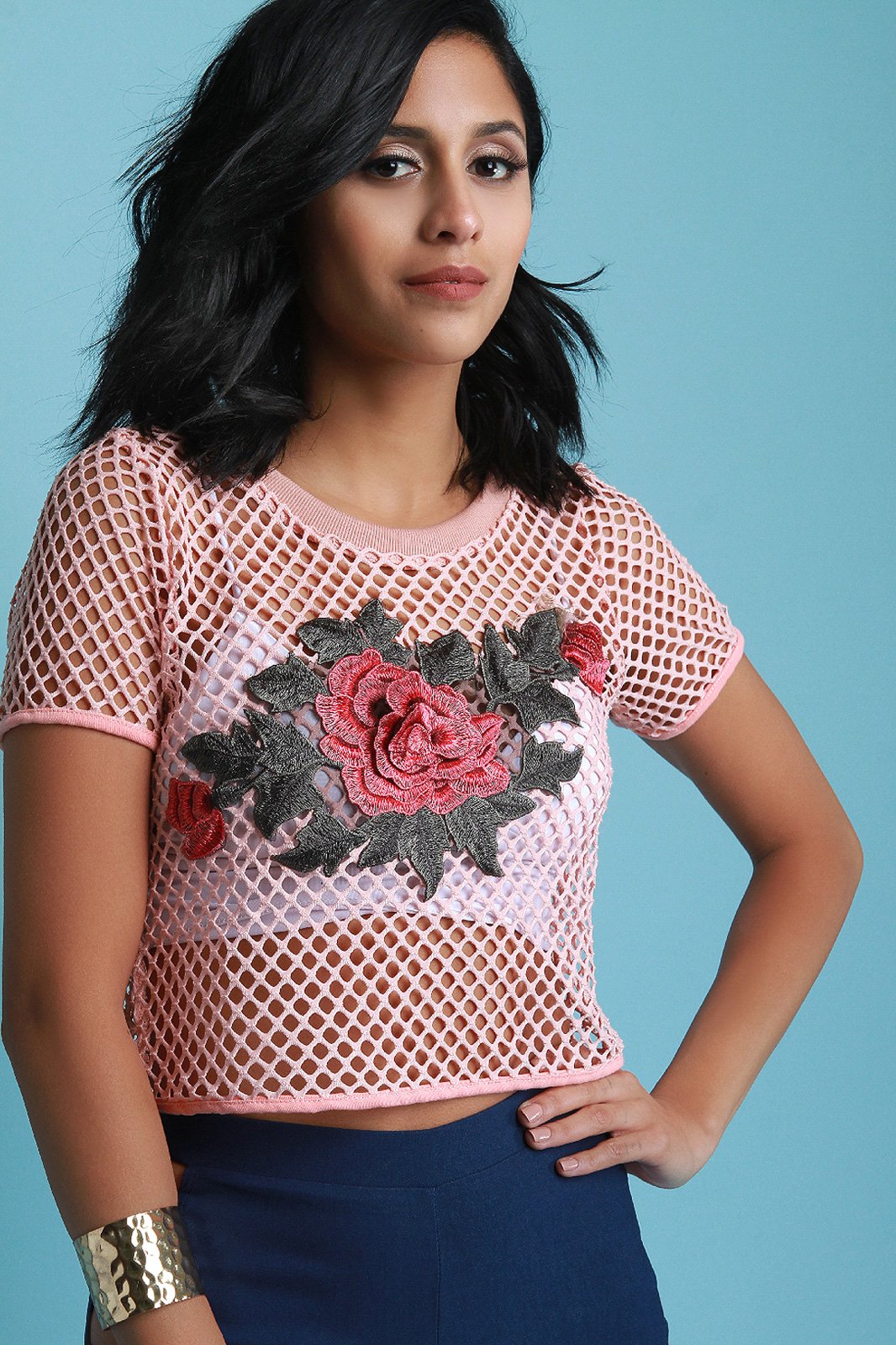 Fishnet Floral Applique Short Sleeve Crop Top - NoveltyOne