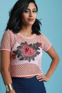 Fishnet Floral Applique Short Sleeve Crop Top - NoveltyOne