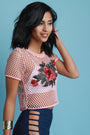 Fishnet Floral Applique Short Sleeve Crop Top - NoveltyOne