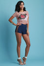 Fishnet Floral Applique Short Sleeve Crop Top - NoveltyOne