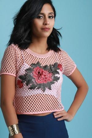 Fishnet Floral Applique Short Sleeve Crop Top - NoveltyOne