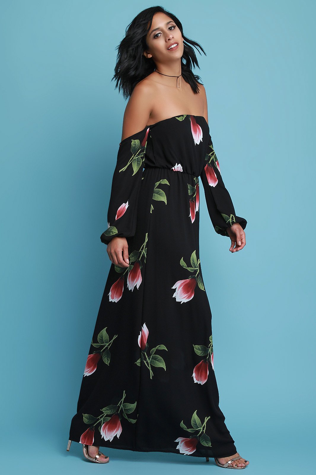 Strapless Floral Print Long Sleeve Maxi Dress