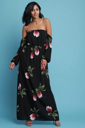 Strapless Floral Print Long Sleeve Maxi Dress