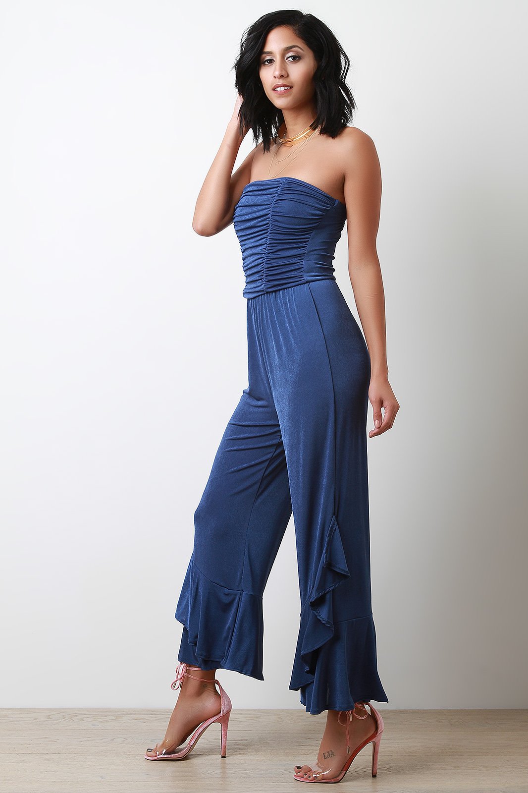 Strapless Ruched Tiered Ruffle Jumpsuit