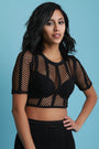 Striped Fishnet Round Neck Crop Top