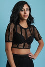 Striped Fishnet Round Neck Crop Top