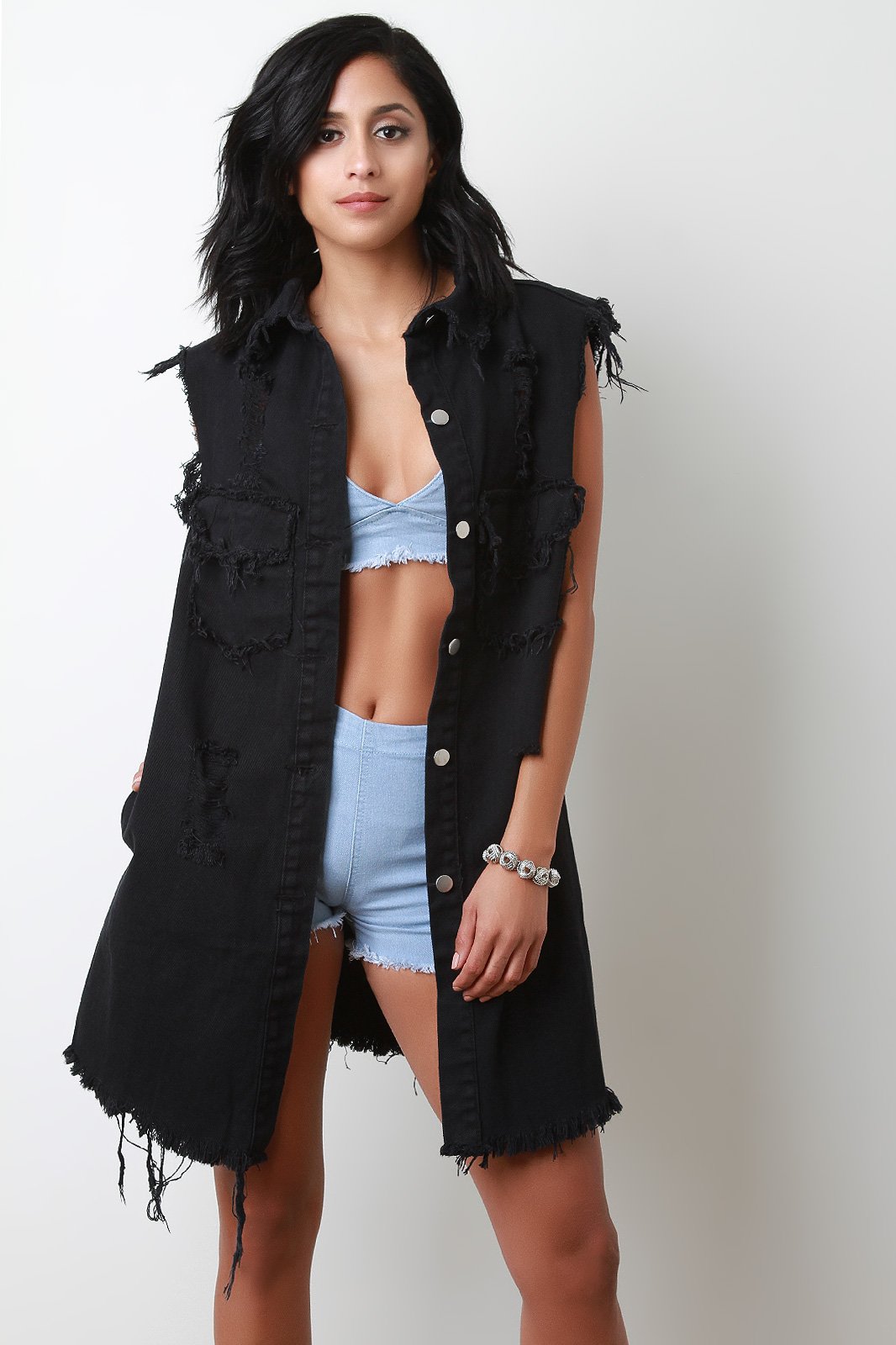 Distressed Denim Longline Button Up Vest - NoveltyOne