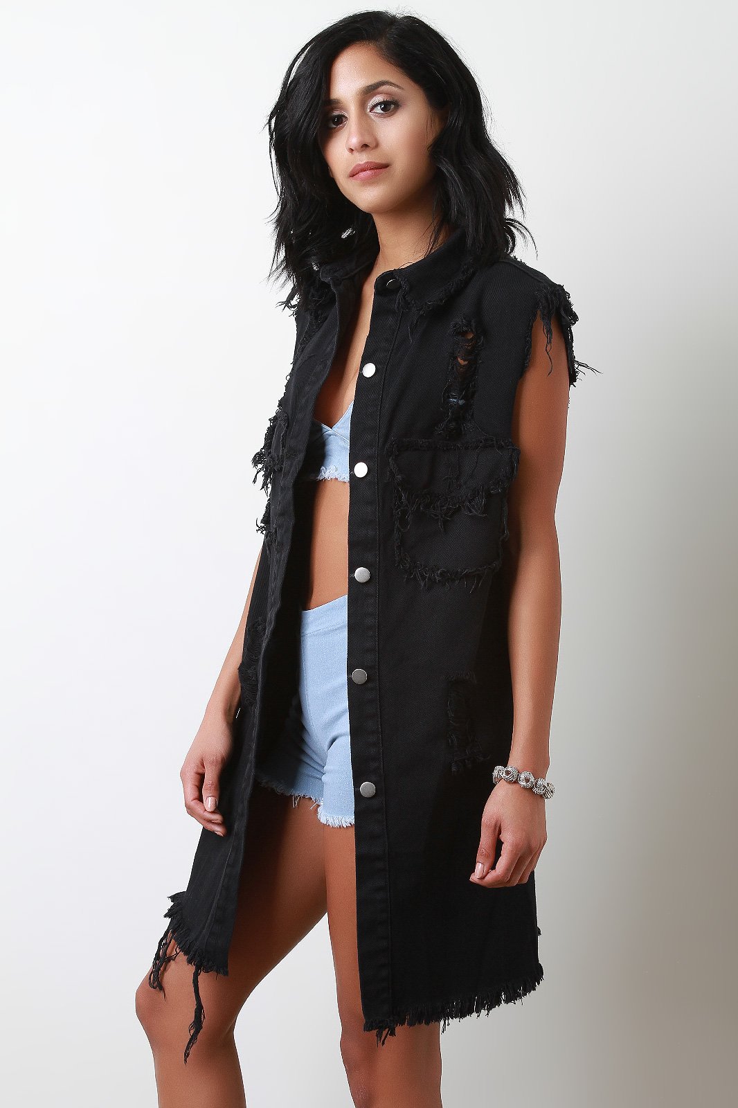 Distressed Denim Longline Button Up Vest - NoveltyOne