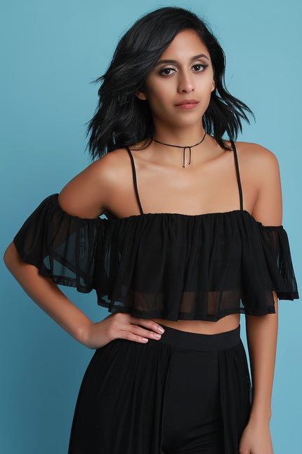 Cold Shoulder Ruffled Mesh Crop Top