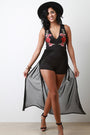 V-Neck Floral Applique Mesh Romper Maxi Dress