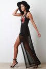 V-Neck Floral Applique Mesh Romper Maxi Dress