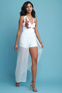 V-Neck Floral Applique Mesh Romper Maxi Dress