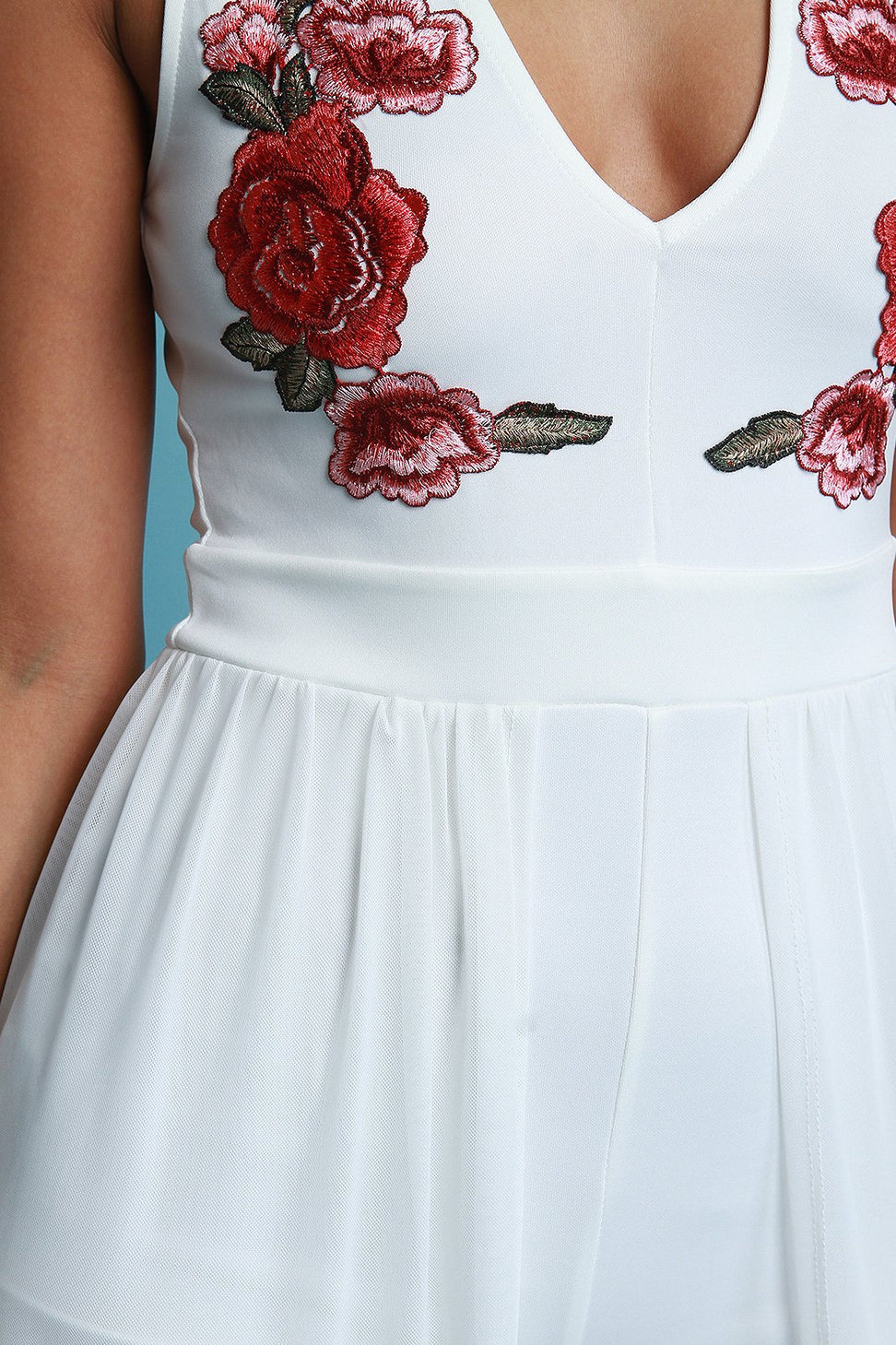 V-Neck Floral Applique Mesh Romper Maxi Dress