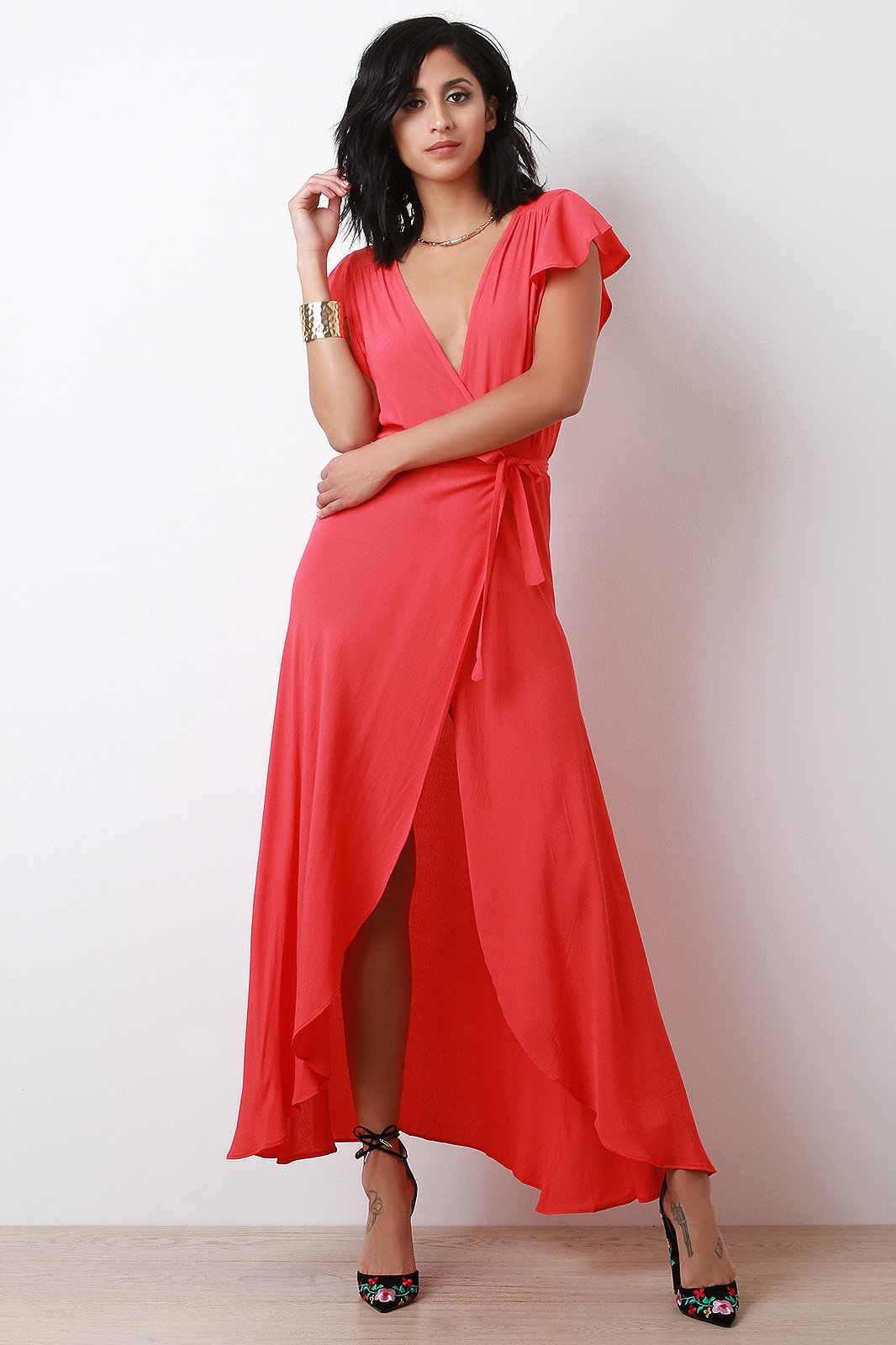 Surplice Self-Tie Sash High Low Maxi Dress