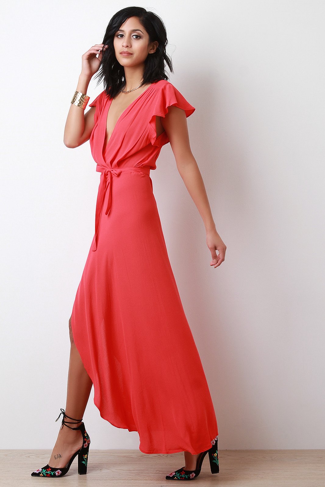 Surplice Self-Tie Sash High Low Maxi Dress