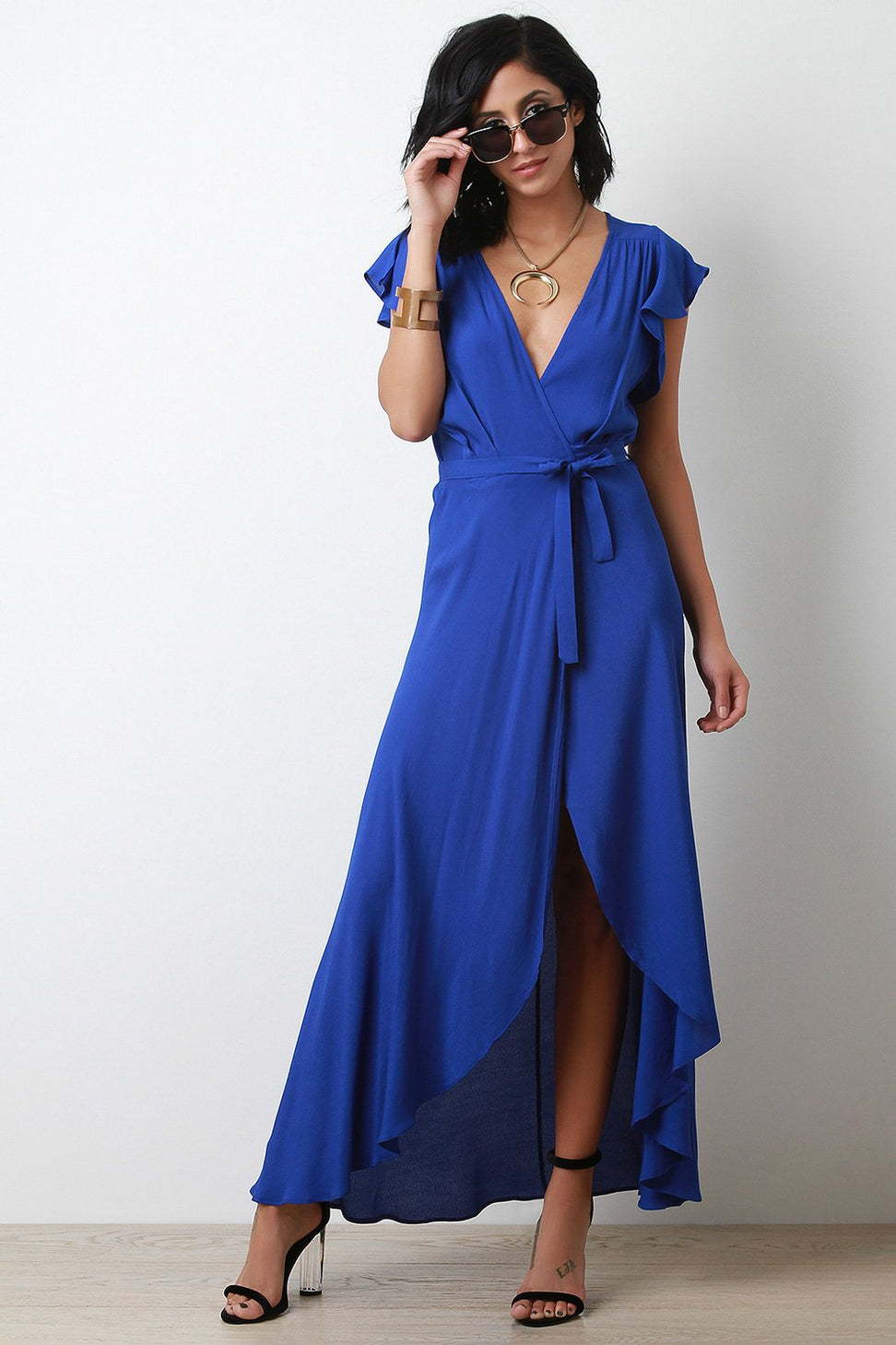 Surplice Self-Tie Sash High Low Maxi Dress