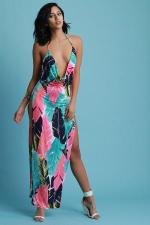 Multi-Color Tropical Plunge Neck Maxi Dress - NoveltyOne