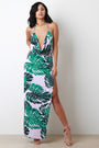Tropical Leaf Plunge Neck Maxi Dress