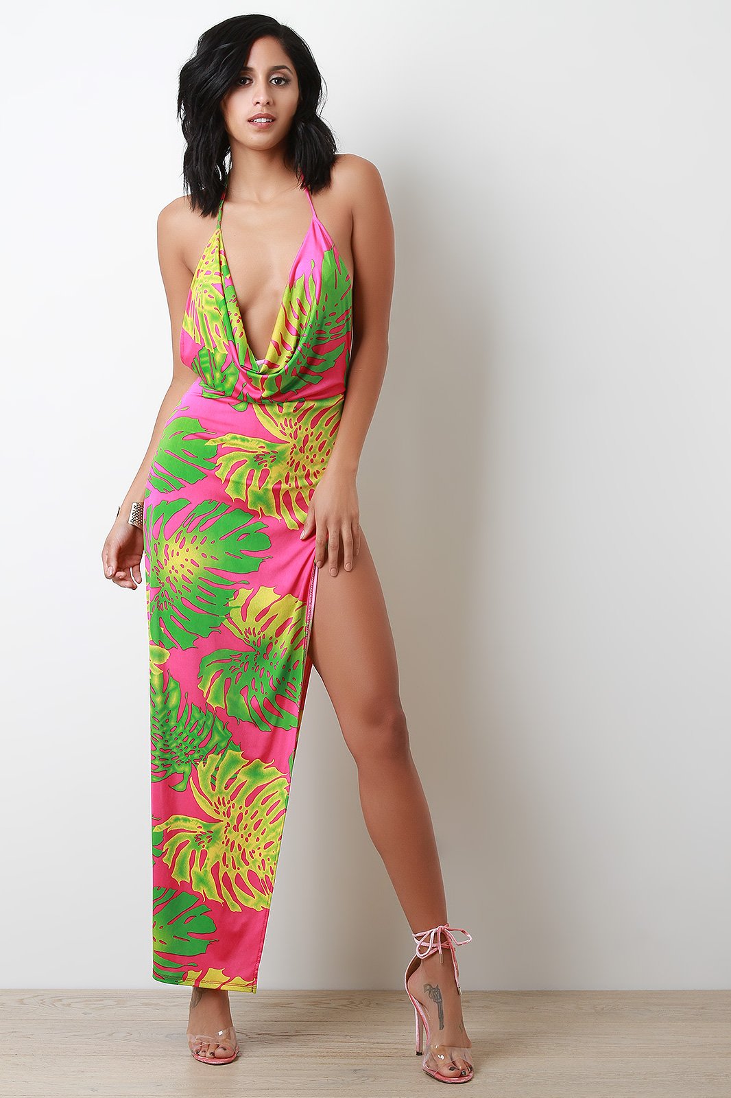 Tropical Leaf Plunge Neck Maxi Dress
