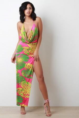 Tropical Leaf Plunge Neck Maxi Dress