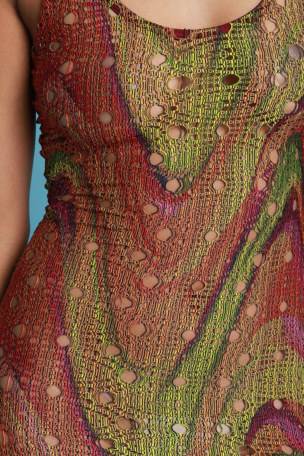 Laser Eyelet Cutout Swirl Mesh High Slit Maxi Dress