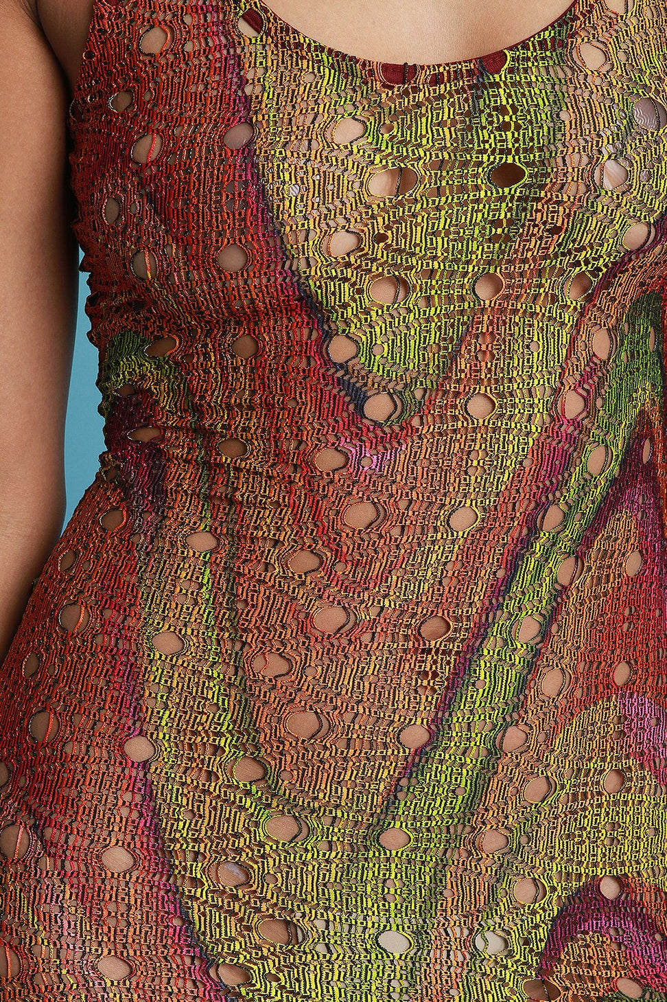 Laser Eyelet Cutout Swirl Mesh High Slit Maxi Dress