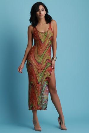 Laser Eyelet Cutout Swirl Mesh High Slit Maxi Dress