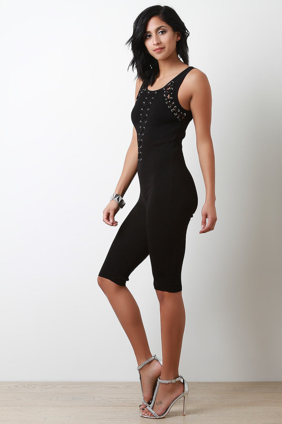 Eyelet Lace Up Sleeveless Fitted Capri Jumpsuit