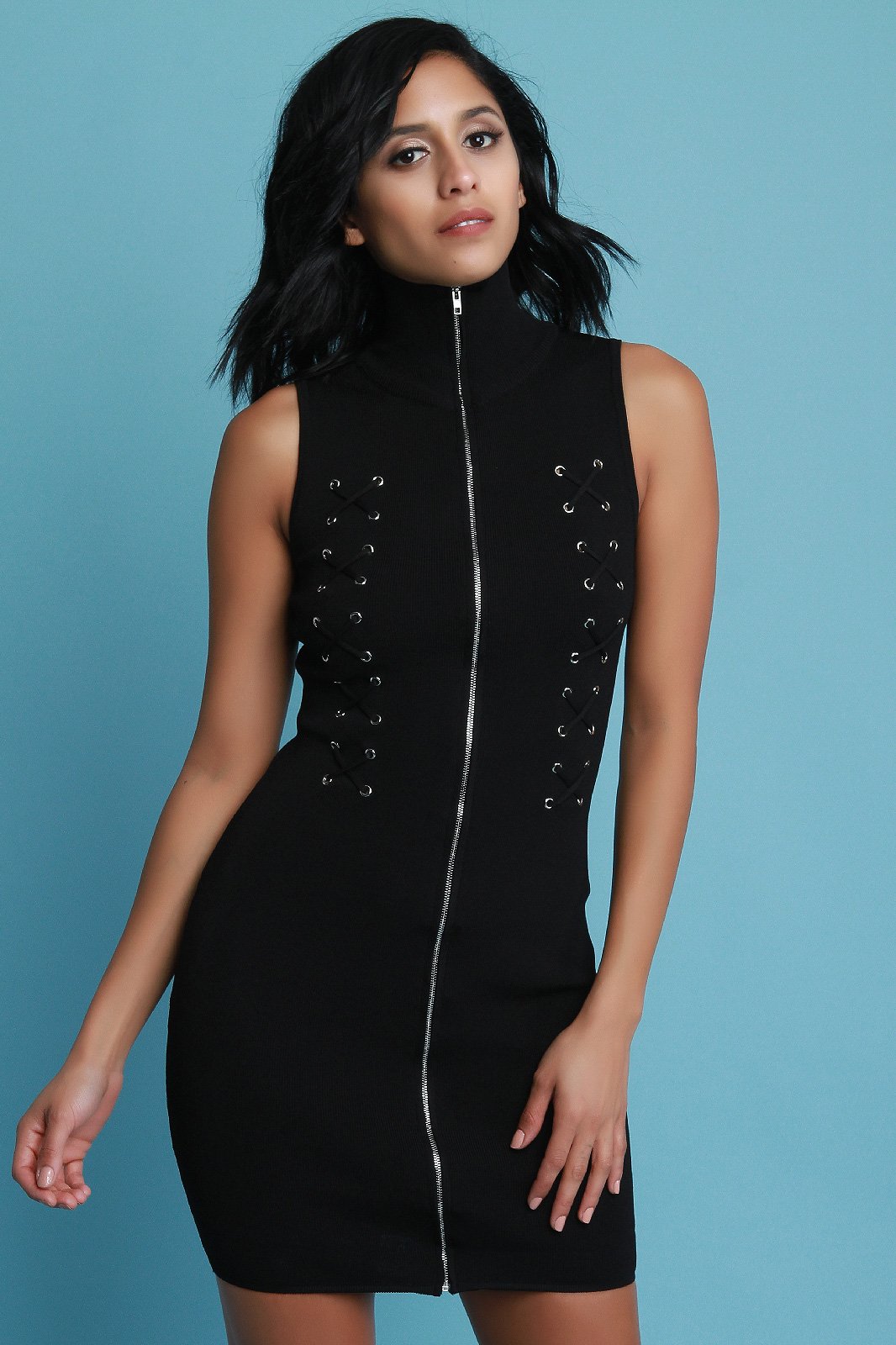 Turtleneck Eyelet Lace Up Zip Up Front Mini Dress