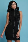 Turtleneck Eyelet Lace Up Zip Up Front Mini Dress