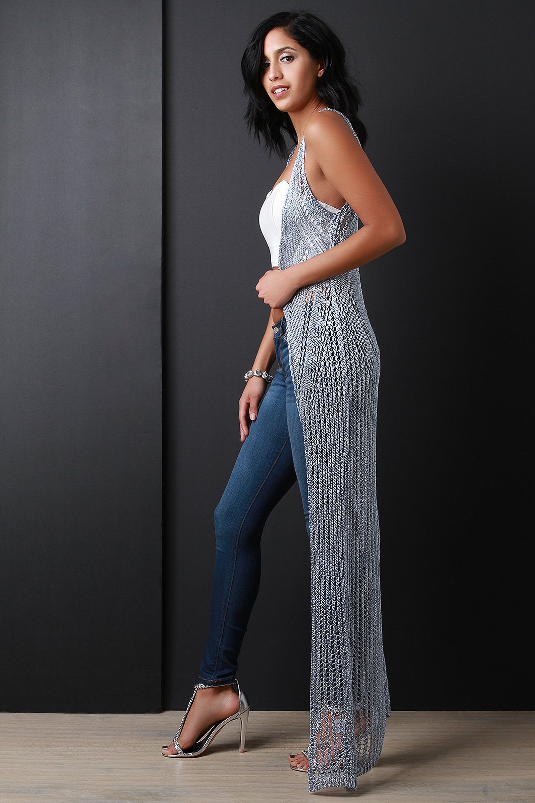 Metallic Loose Knit Sleeveless Longline Cardigan